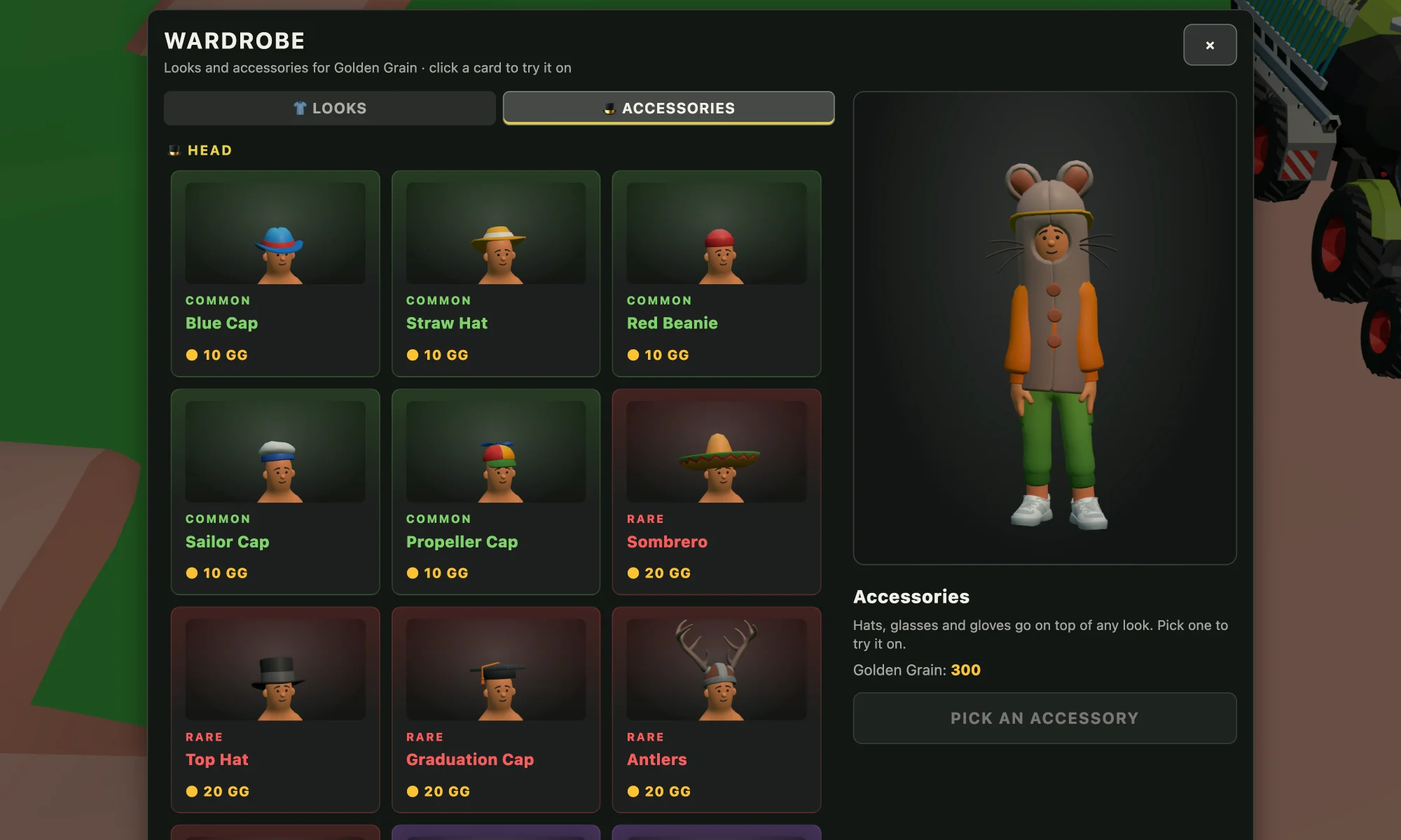 The wardrobe's accessories tab — rows of hats with their prices in Golden Grain, and the character preview beside them.