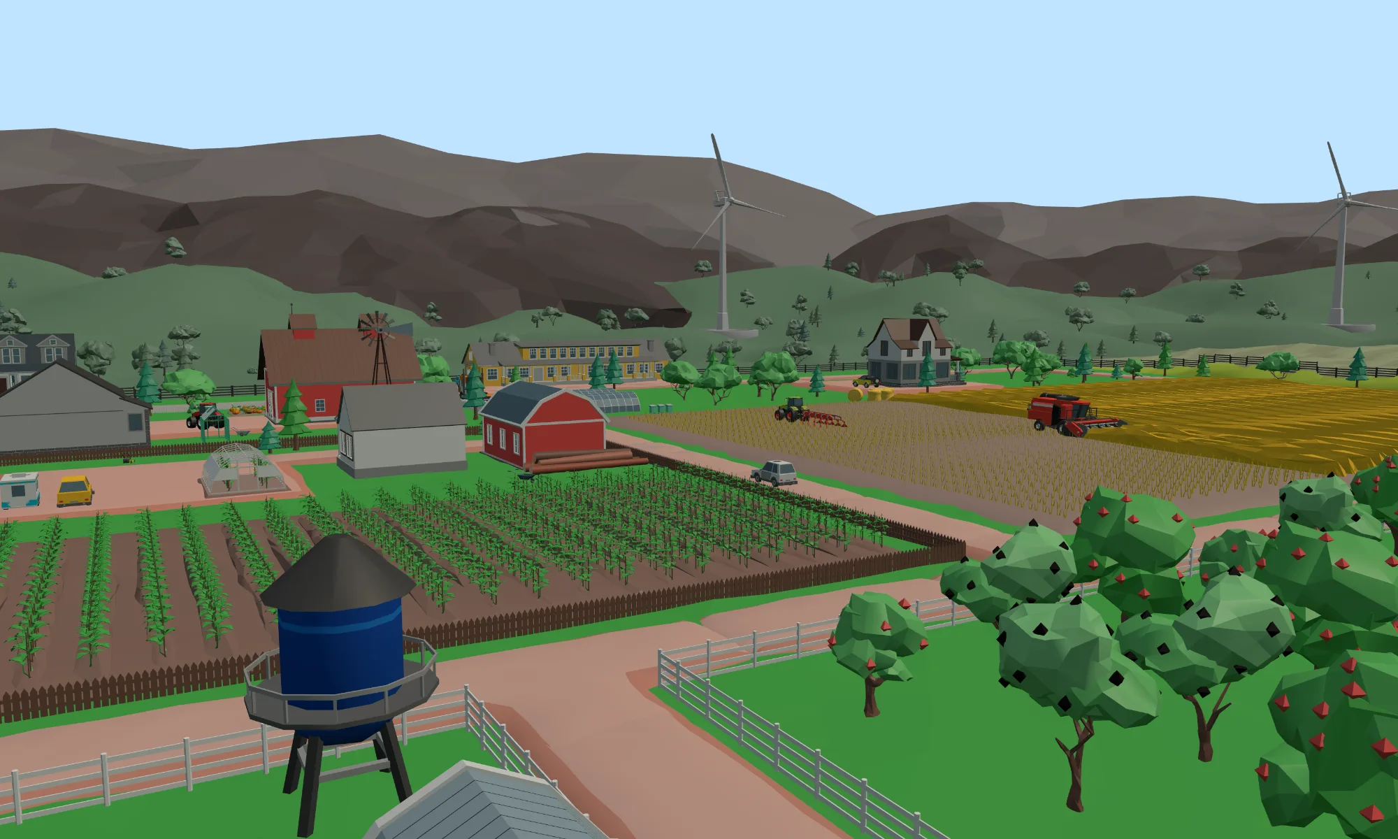 Low-poly farmland at dusk: ploughed strips of crops, red barns, a water tower, wind turbines and mountains behind.
